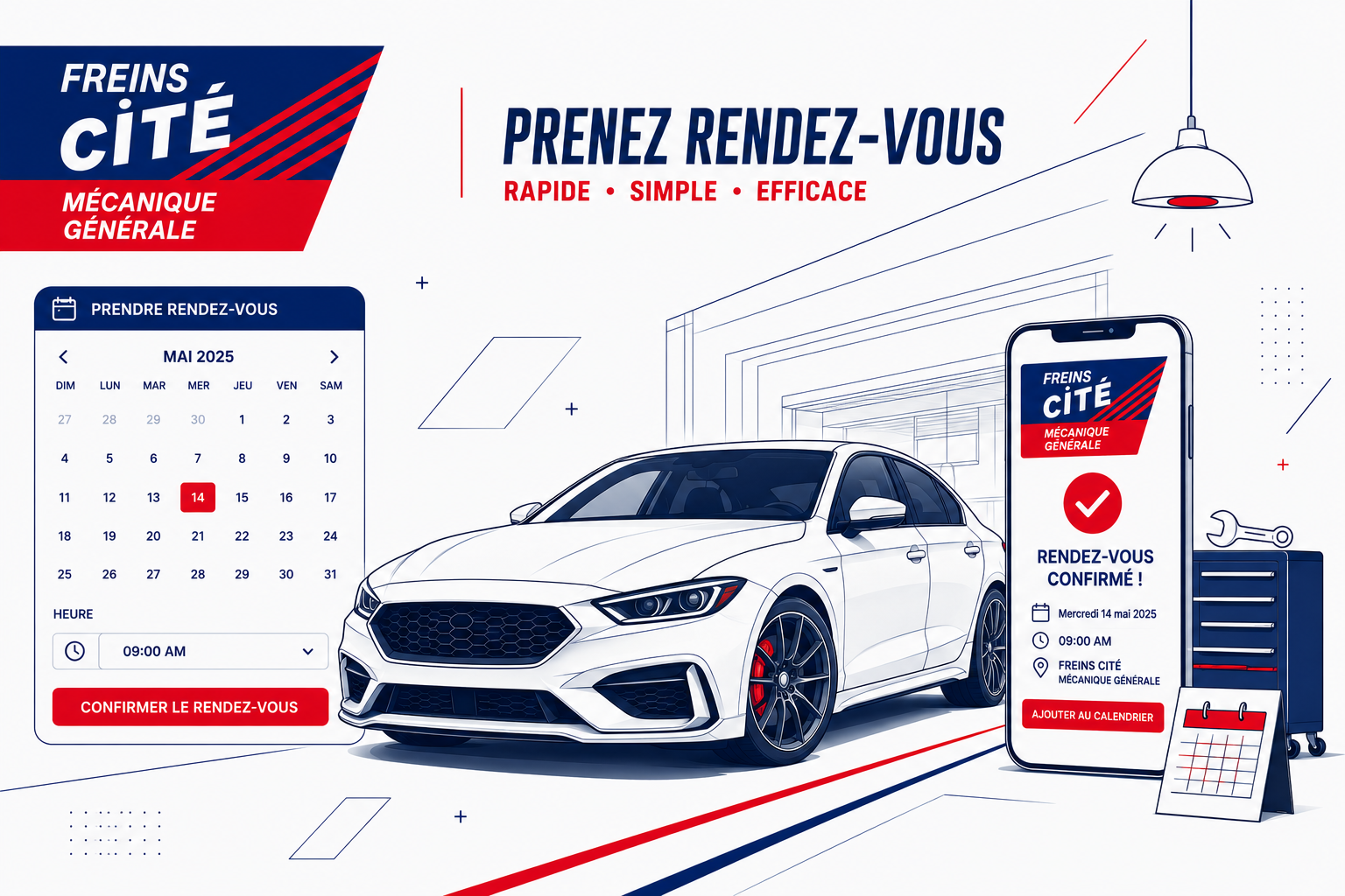 Prise de rendez-vous en ligne chez Freins Cité — calendrier, véhicule et confirmation en atelier